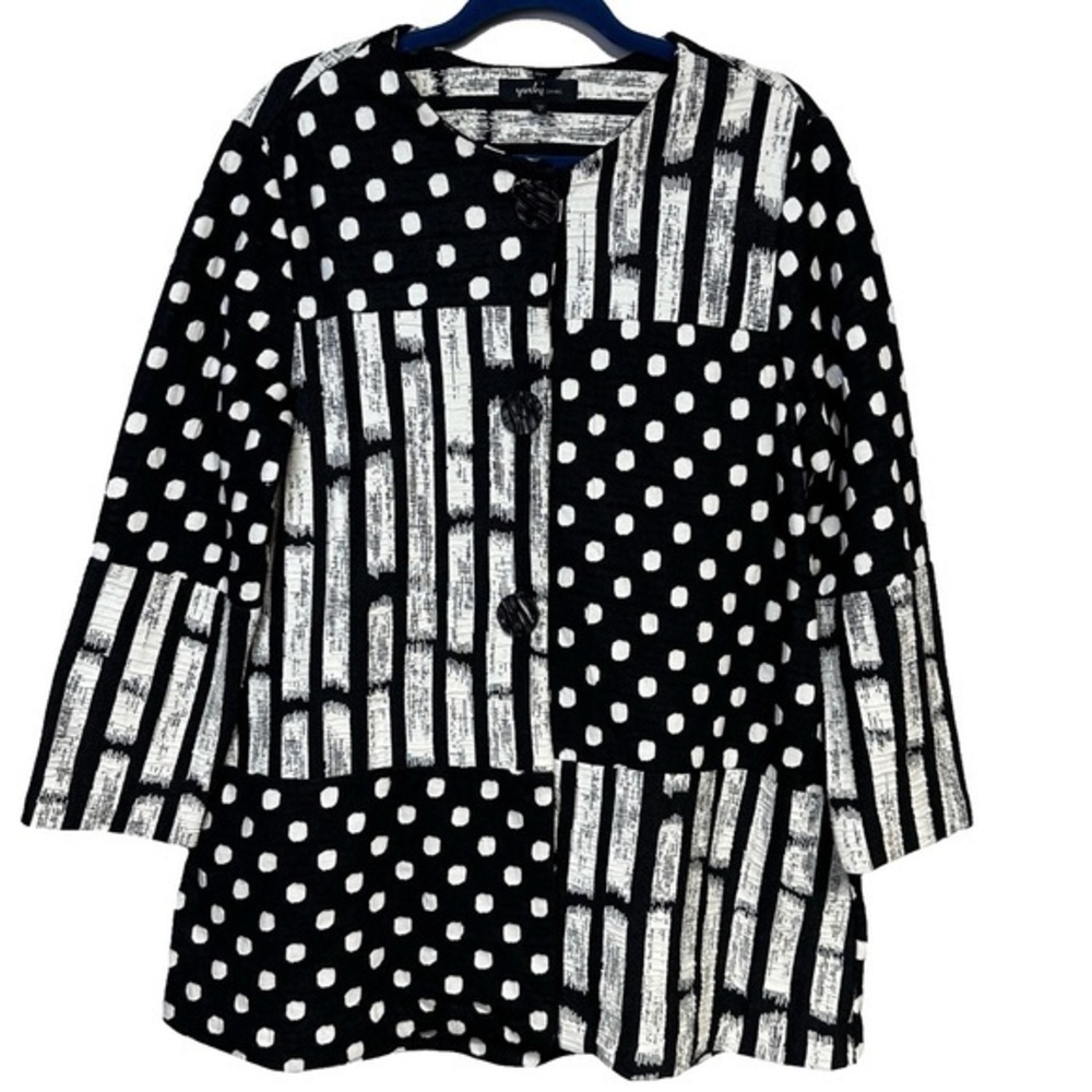 Yushi Black Cream Woven Knit Button Jacket Lagenlook Artsy Polka Dot Stripes L